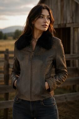 Reilly Olmes Distressed Brown Leather Jacket Detachable Fur Collar Size Medium
